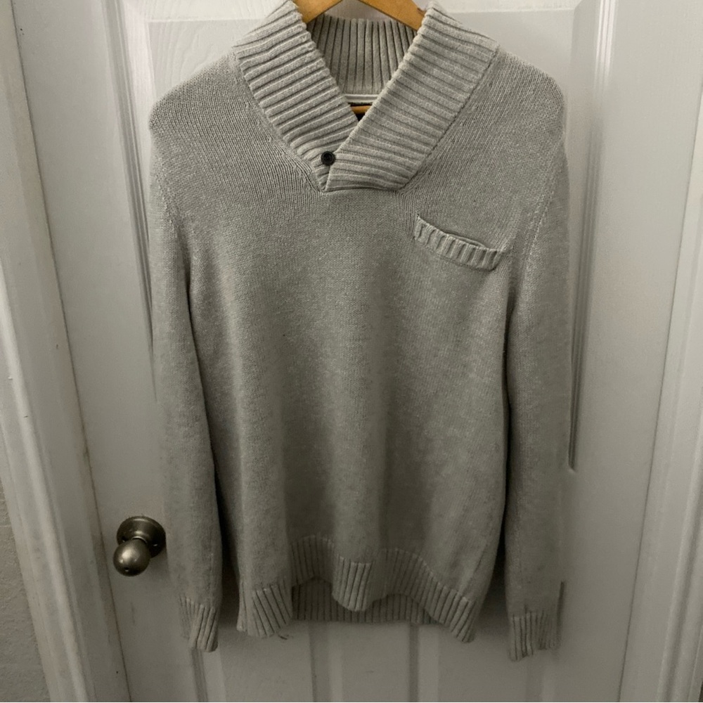 Banana Republic Sweater Shawl Collar Button Sz M Grey Front Pocket 100% Cotton